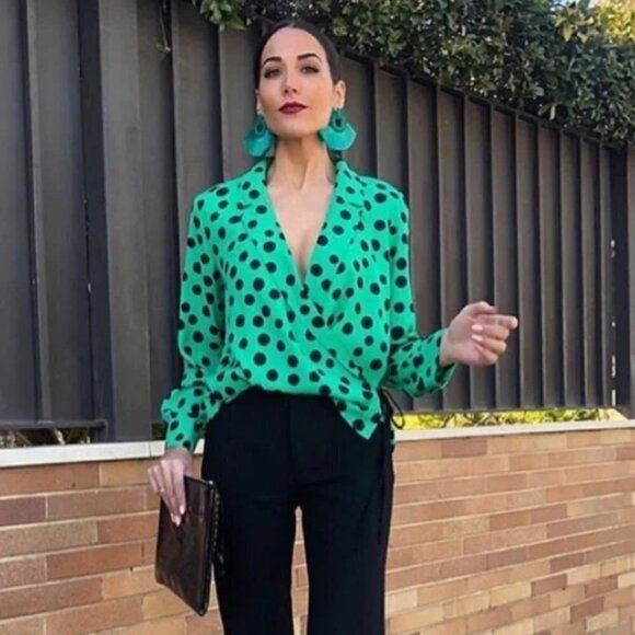 Zara Green & Black Polka Dot Wrap Front Long Sleeve Blouse XS - Picture 1 of 4